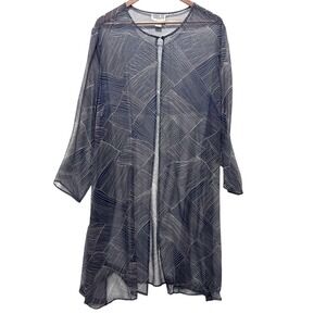 Robbie Bee Woman Duster Cardigan‎ 20W Silk Sheer Open Front  Navy Abstract Print